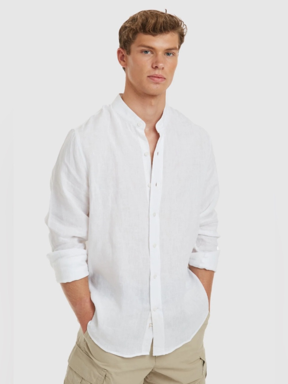 Ted Baker Men's White Mandarin Collar Linen Shirt